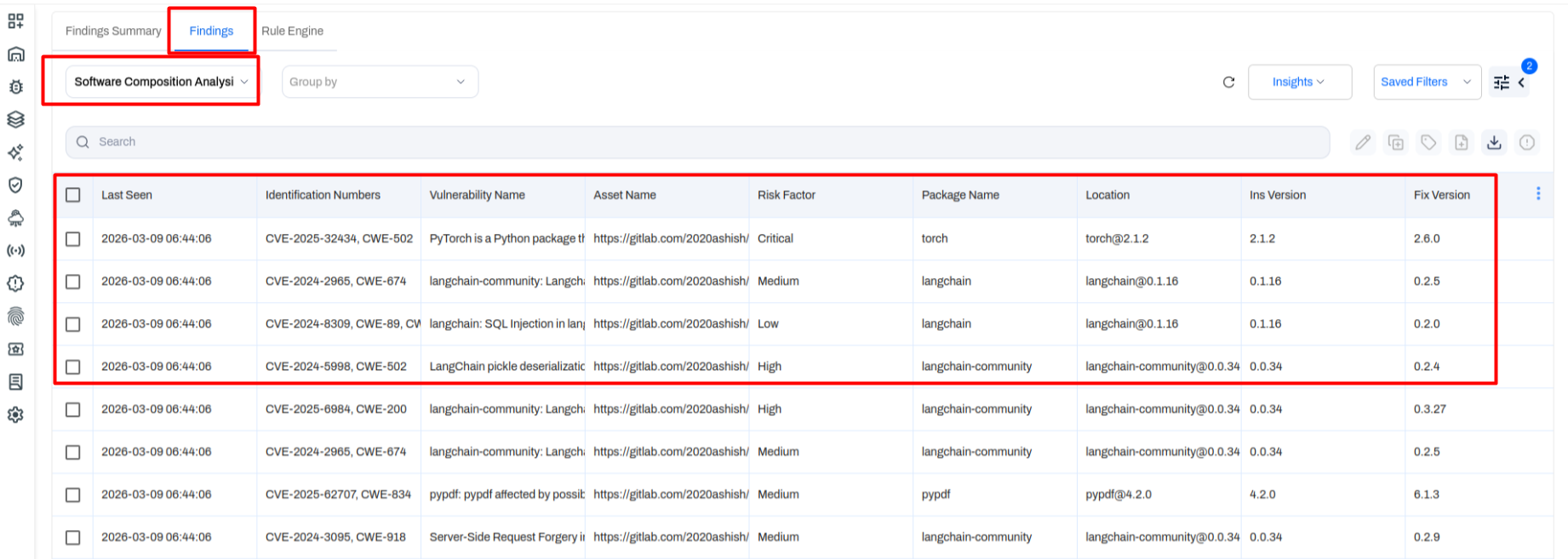 SCA finding detail with affected package and recommended fix version