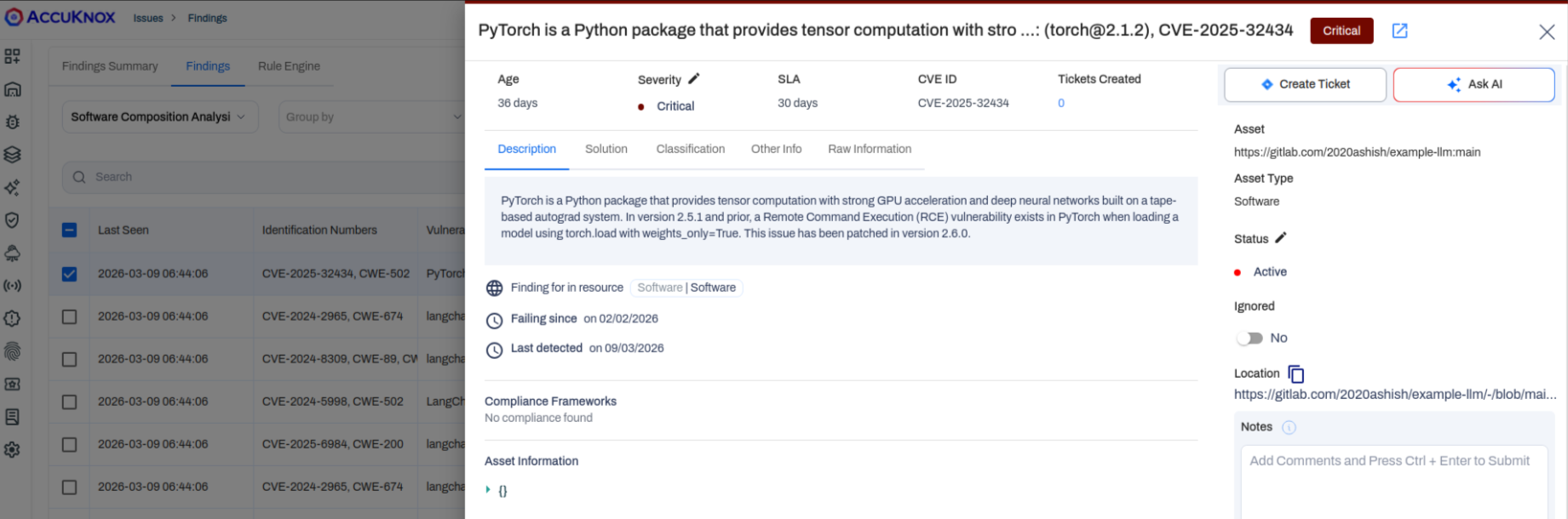 SCA scan results filtered by Software Composition Analysis data type