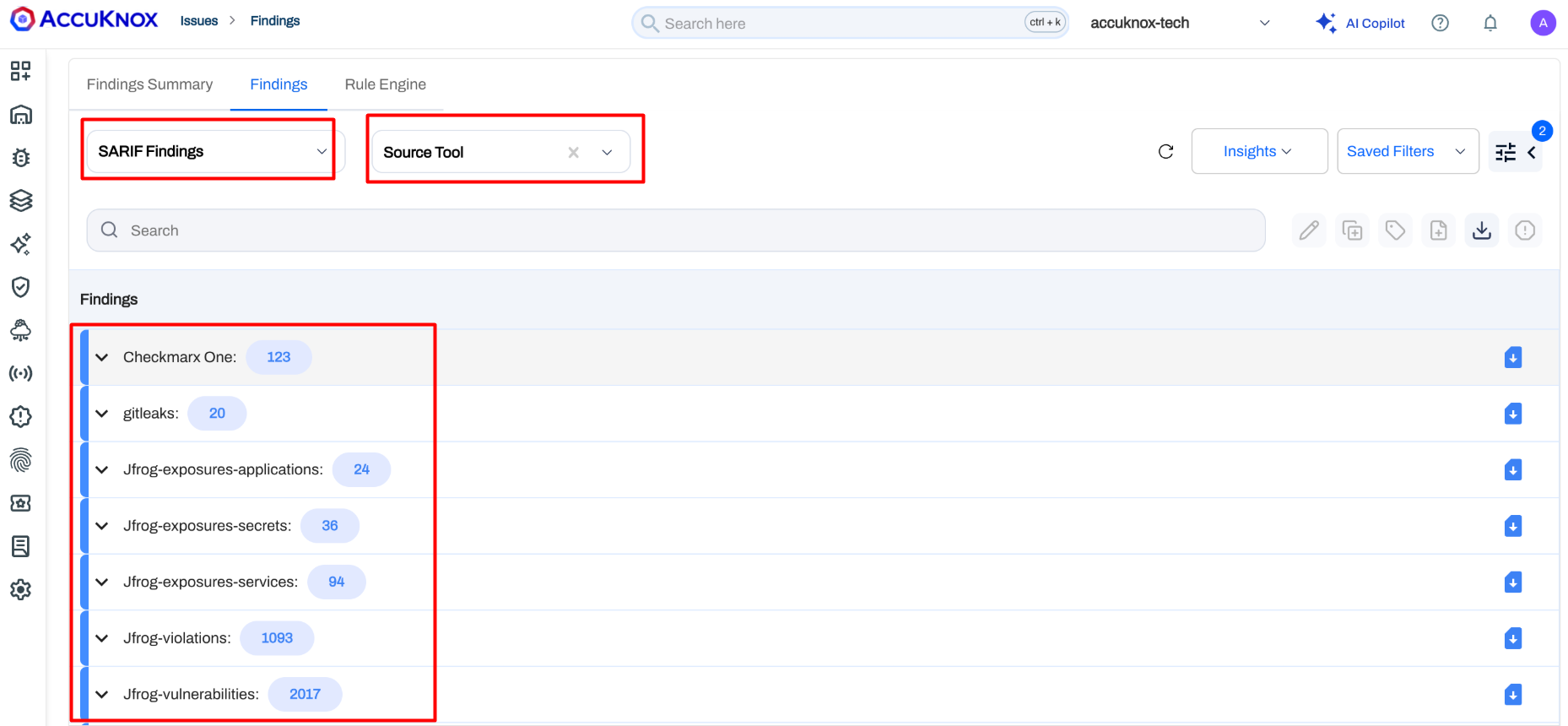 SARIF findings ingestion view under Issues in AccuKnox