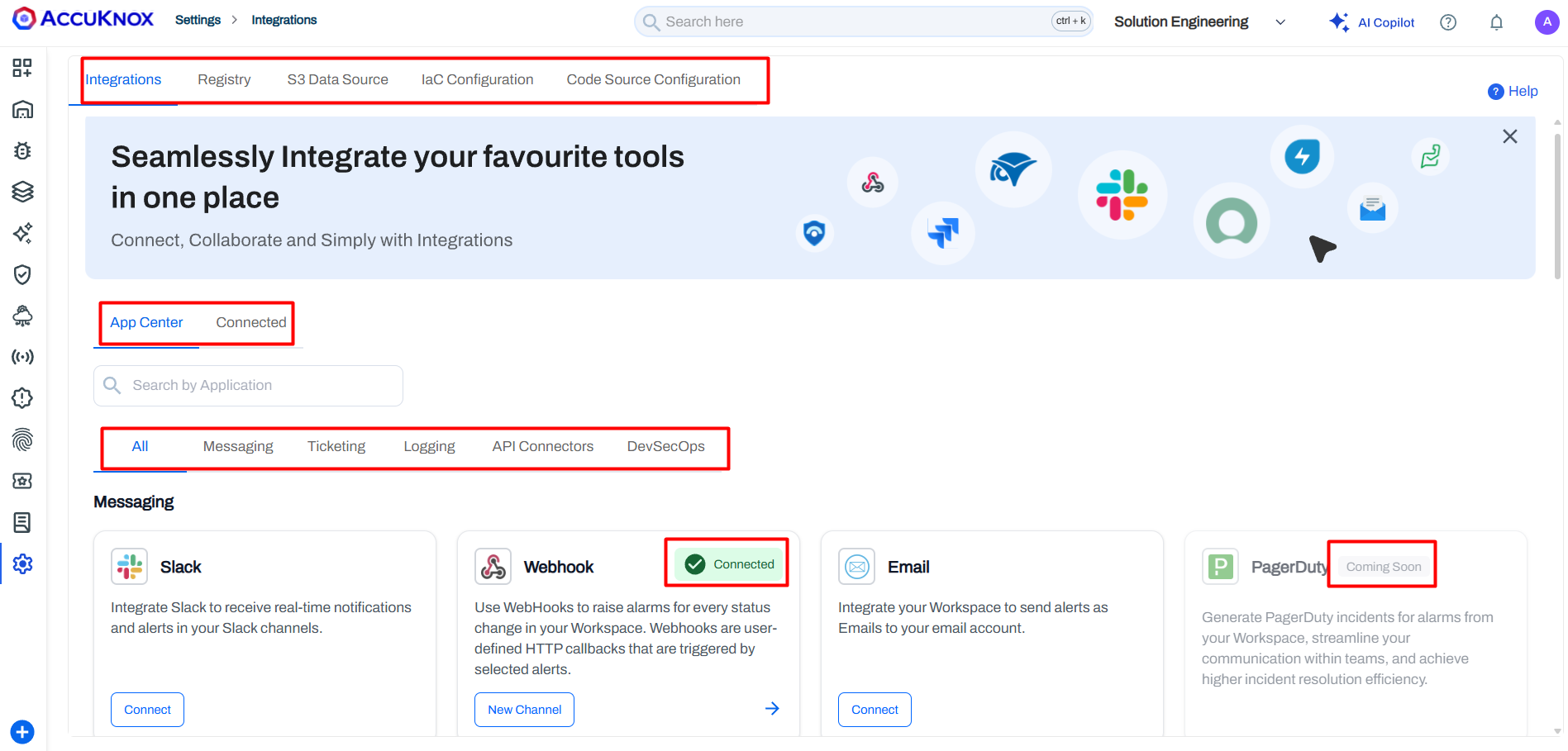 Unified App Center showing connected integrations organized by category