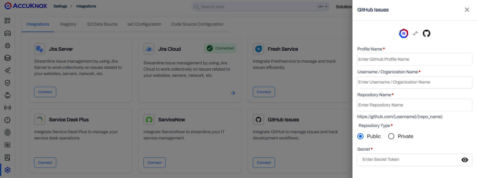 GitHub Issues ticketing connector configured in AccuKnox App Center