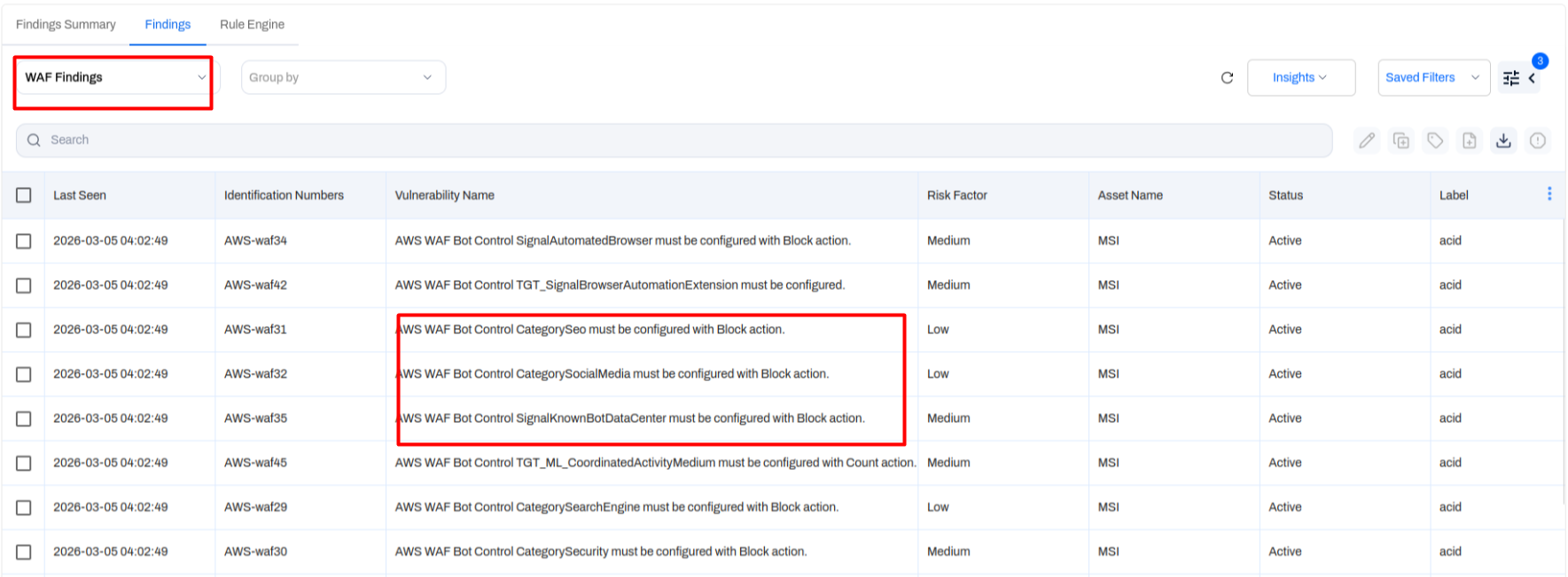 AWS WAF rule validation findings in Rapid Risk Assessment scan