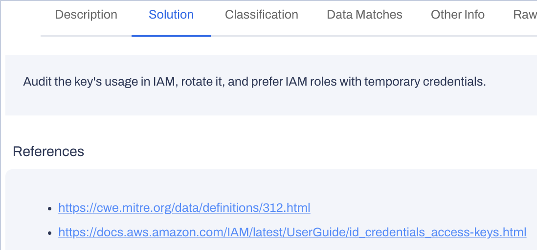 The Solution tab of a DSPM finding, with the remediation step and links to CWE-312 and the AWS access keys guide