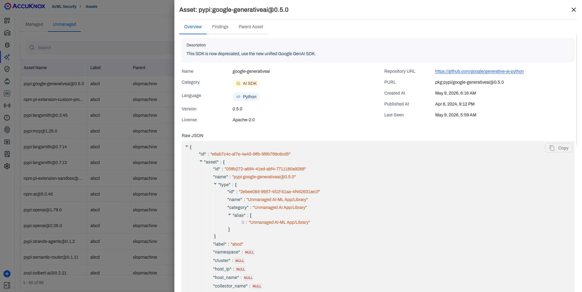 Asset detail for the pypi google-generativeai package with repository, version, and JSON payload