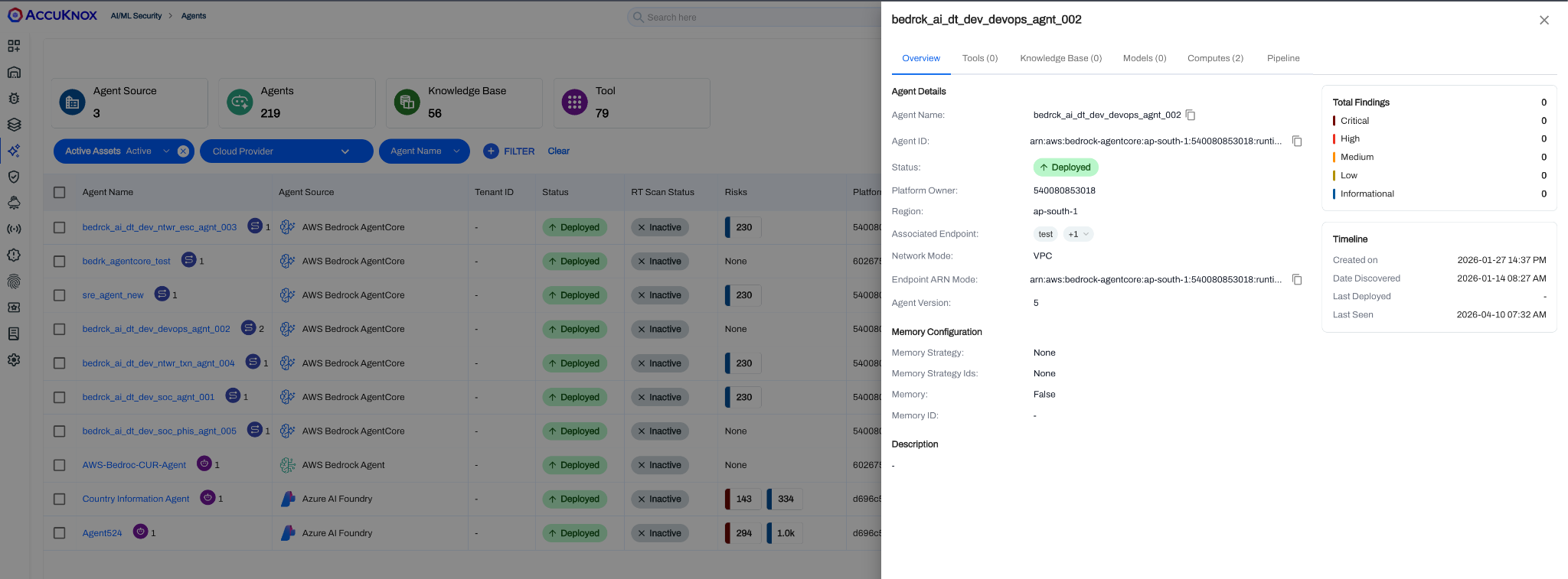 Managed agent list filtered by cloud provider with a detail pane for an individual Bedrock AgentCore agent showing metadata, memory configuration, and timeline