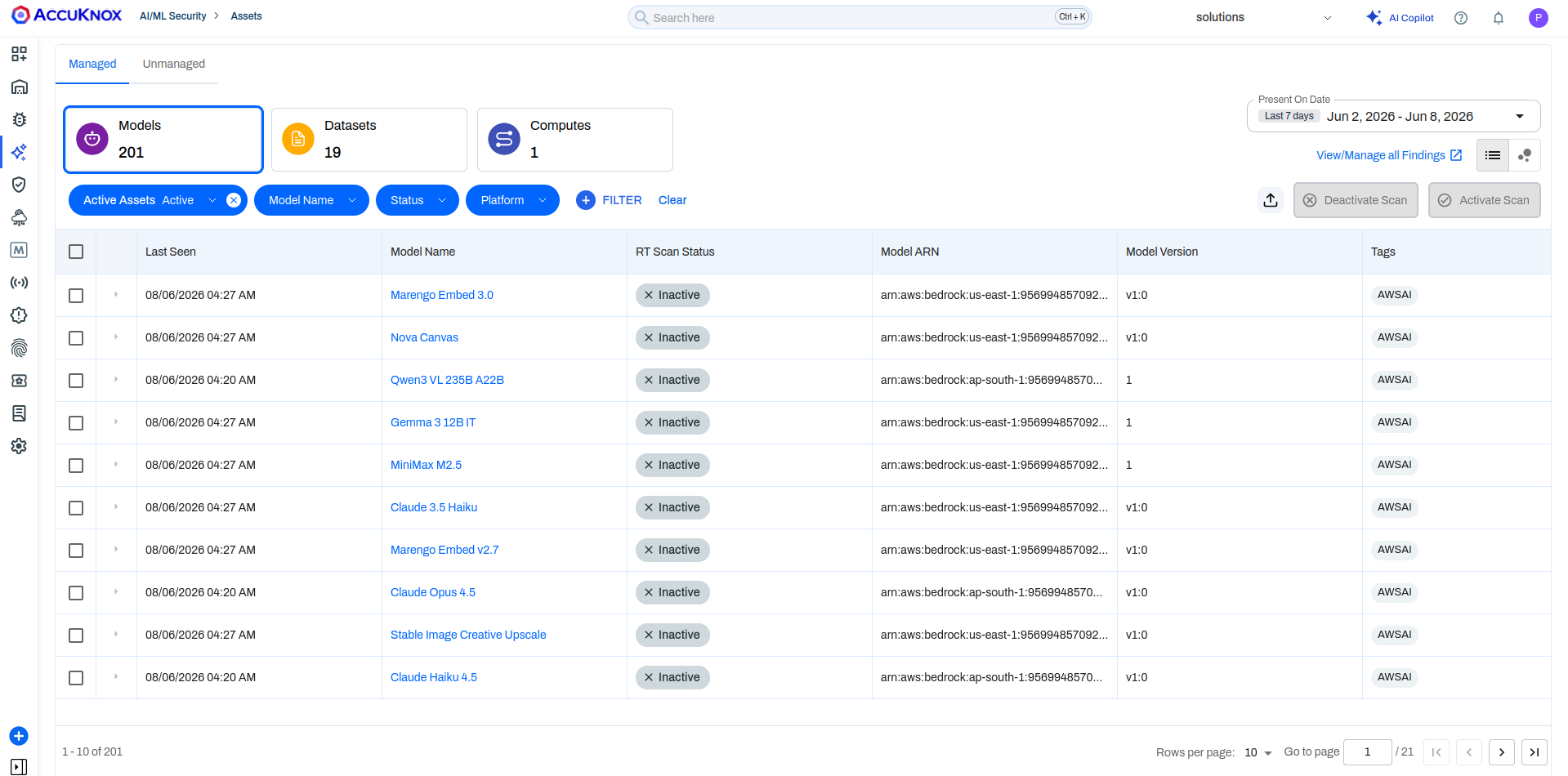 Managed AI models with FT scan status, ARN, and version