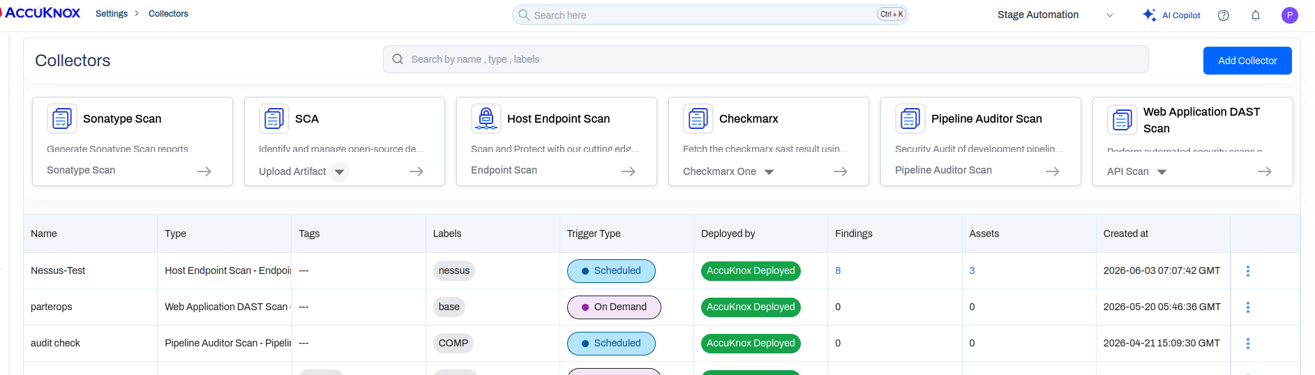 Collectors page with Trigger Type column showing Scheduled and On Demand entries