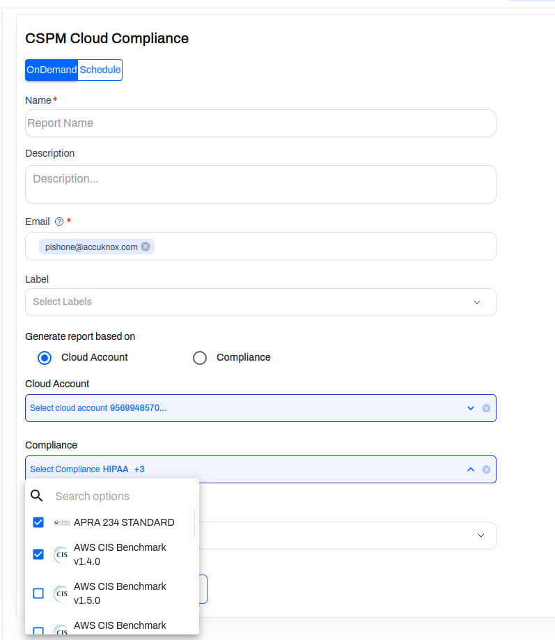 CSPM Cloud Compliance report config with multi-select compliance frameworks for a single cloud account