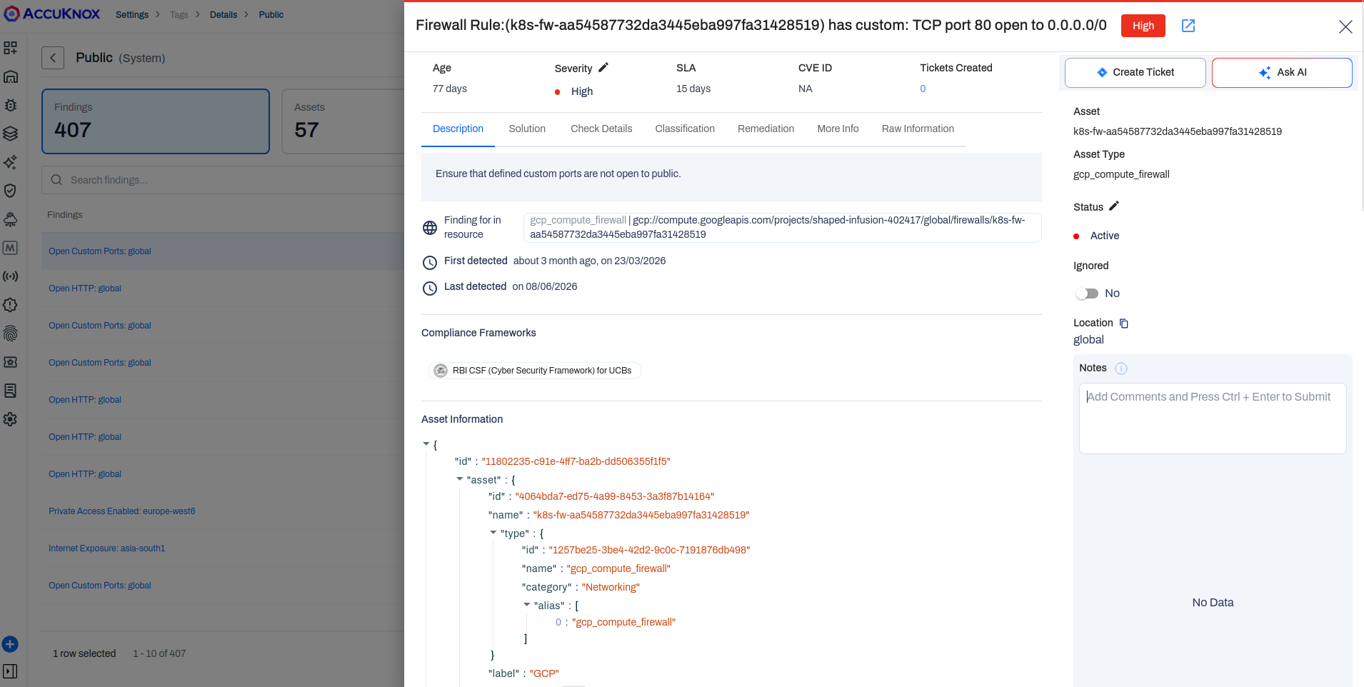 Firewall rule finding on a public-tagged EC2 security group, exposing TCP port 80
