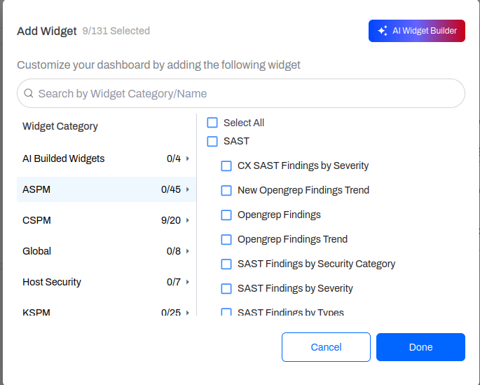 Add Widget panel listing built-in widget categories alongside the AI Widget Builder entry point