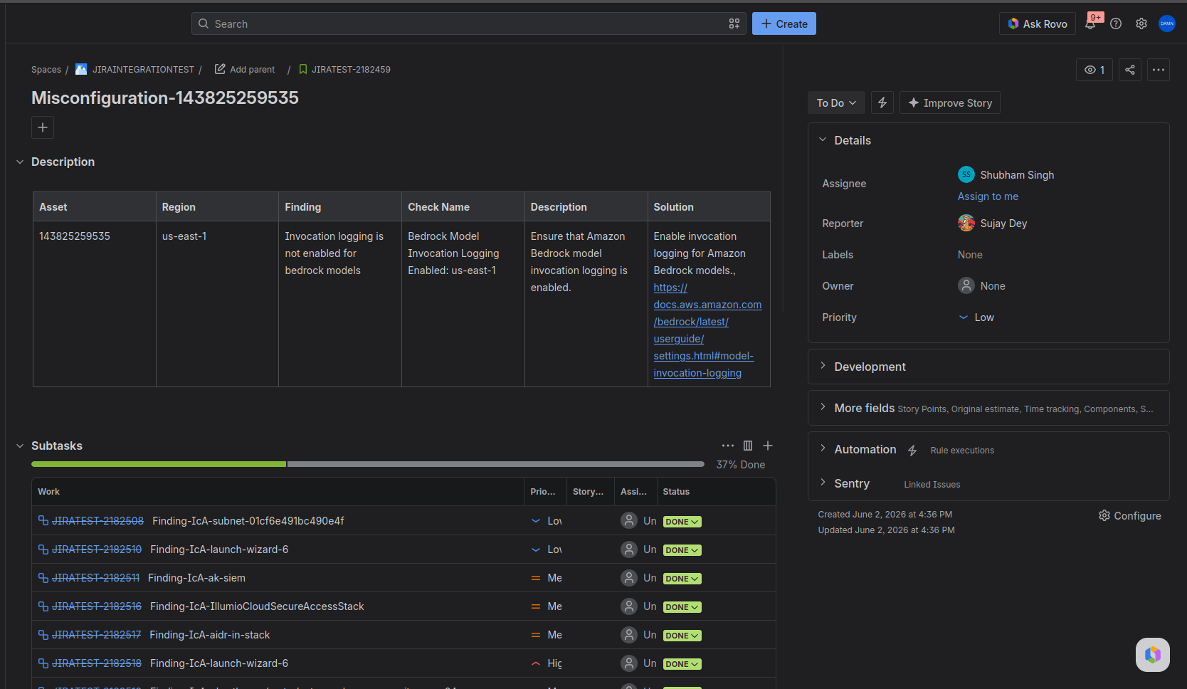 Jira misconfiguration epic with sub-tasks listing individual finding identifiers and severities