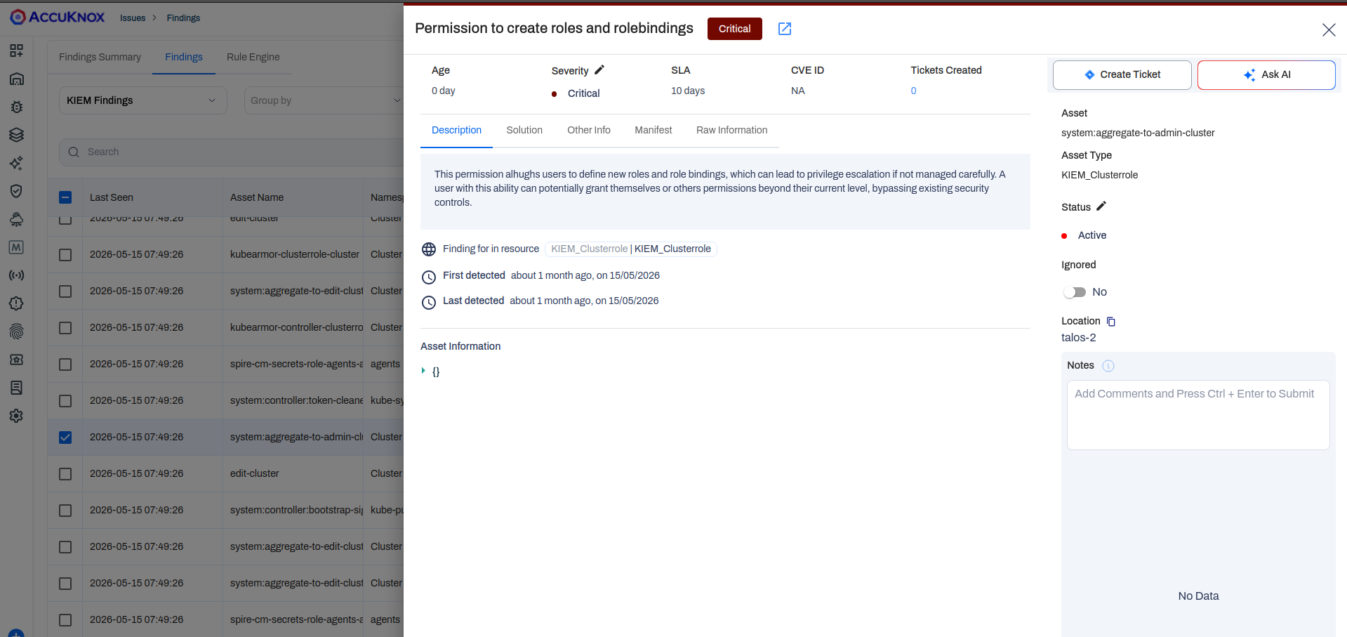 KIEM finding for permission to create roles and rolebindings, flagged as critical with raw rule context