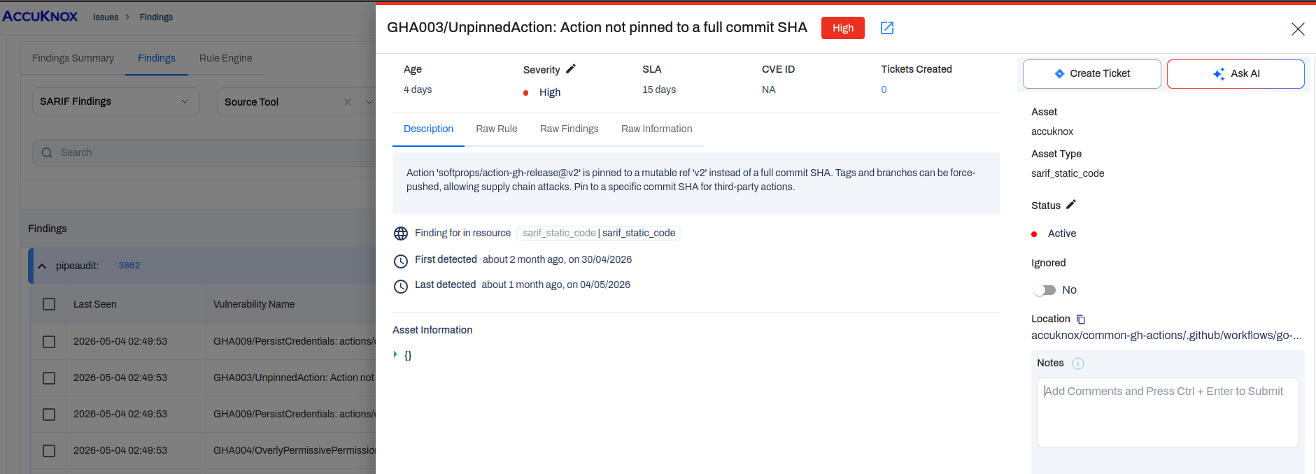 Pipeline Auditor finding detail for an unpinned third-party action with SLA and asset context