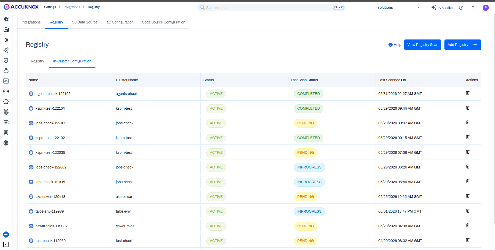 In-Cluster Configuration tab listing clusters with Active status and last-scan timestamps