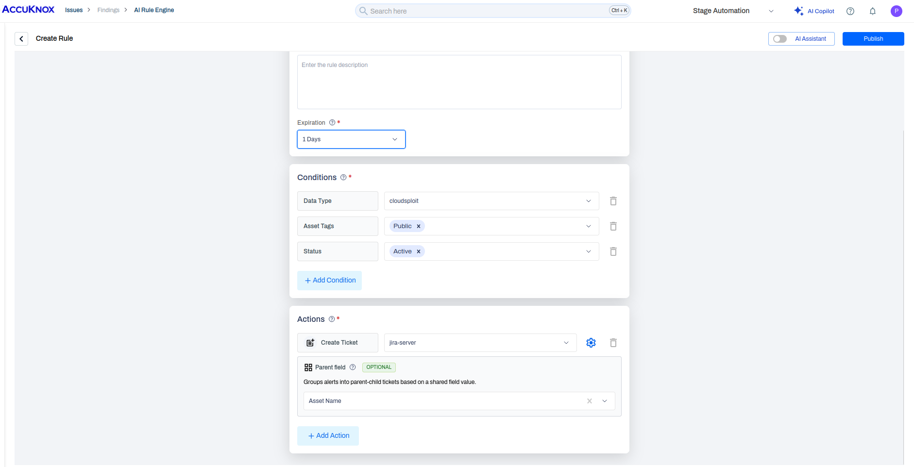 Create Rule view with cloudsploit data type, Public asset tag, and Create Ticket action with a Parent field set to Asset Name