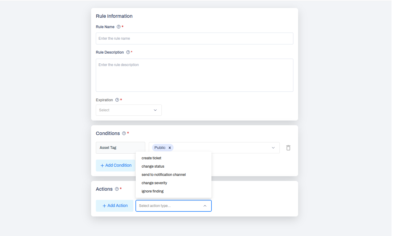 Rule with Asset Tag equal to Public and an action menu showing ticket and notification options