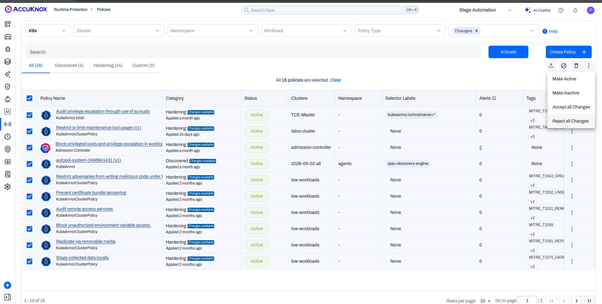 Runtime Policies page with multi-selection and an Accept all Changes / Reject all Changes menu