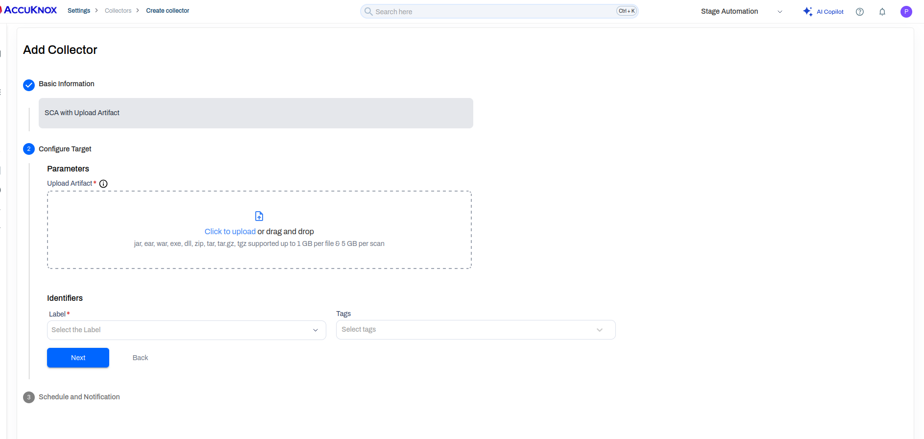 SCA collector configured with the Upload Artifact target and supported file types