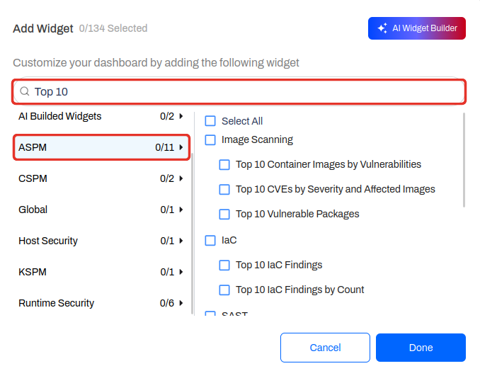 Add Widget panel filtered to Top 10 under the ASPM category, showing image scanning and IaC widgets