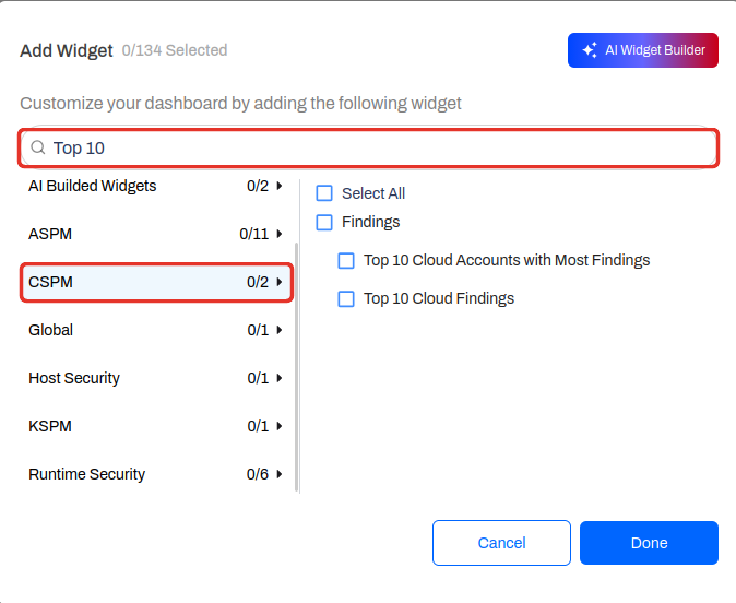 Add Widget panel filtered to Top 10 under the CSPM category