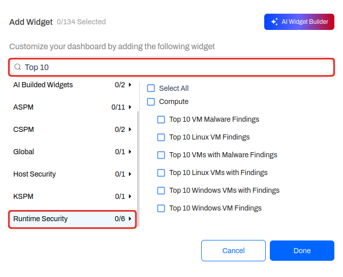Add Widget panel filtered to Top 10 under the Runtime Security category
