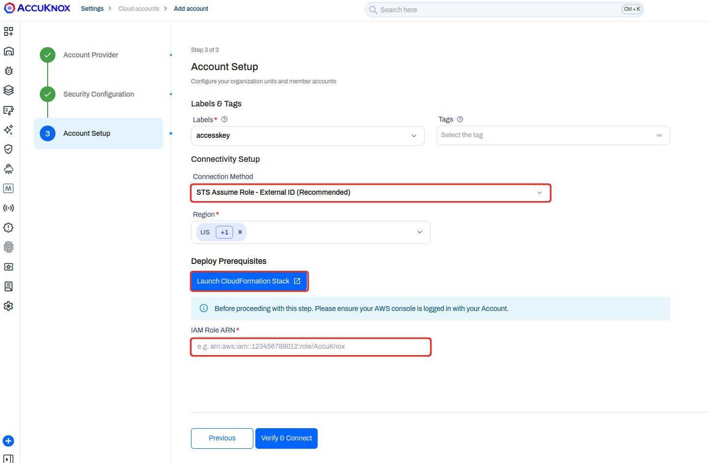AWS account setup with STS Assume Role External ID selected, a Launch CloudFormation Stack button, and an IAM Role ARN field