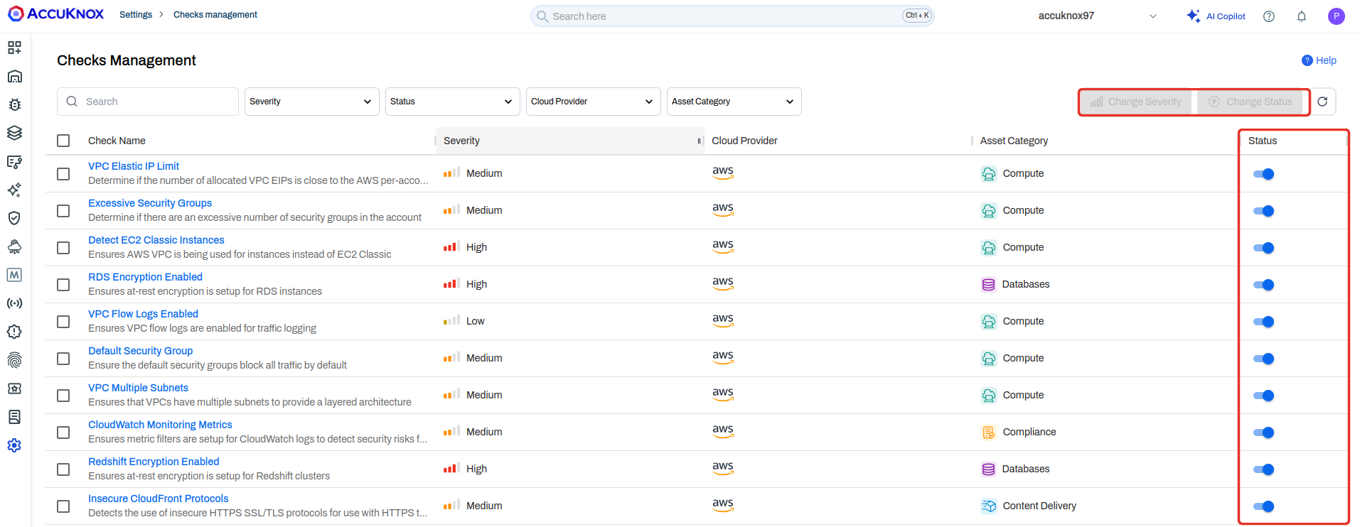 Checks Management page listing AWS checks with severity, asset category, and an enable toggle per check
