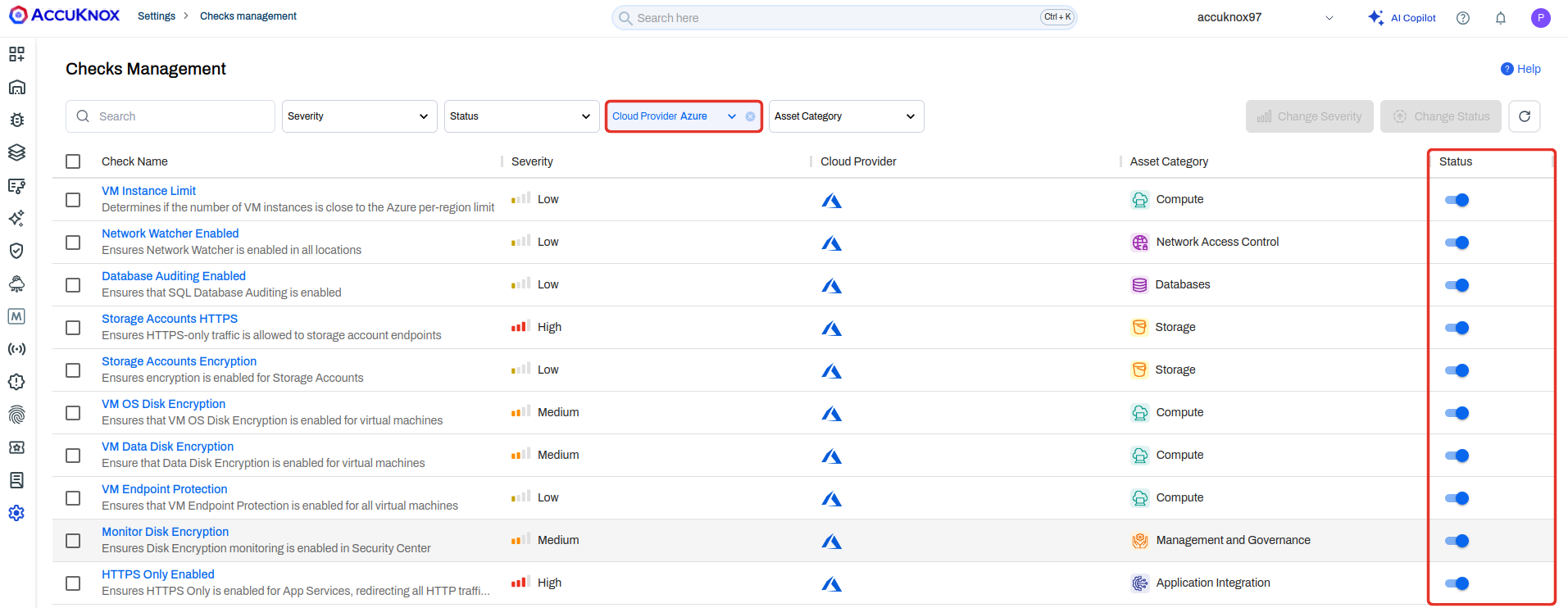 Checks Management filtered to Azure, showing the same enable toggles across Azure checks