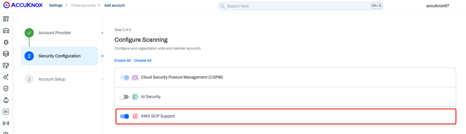 Cloud account onboarding, Security Configuration step, with CSPM and AWS SCP Support enabled