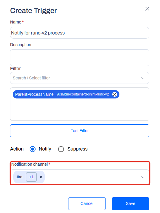 Create Trigger dialog with a filter, a Notify action, and multiple notification channels selected