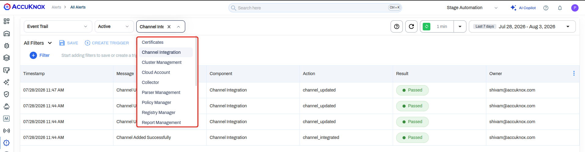 Event Trail with the entity type dropdown open, listing Certificates, Channel Integration, Cluster Management, Cloud Account, Collector, Parser Management, Policy Manager, Registry Manager, and Report Management