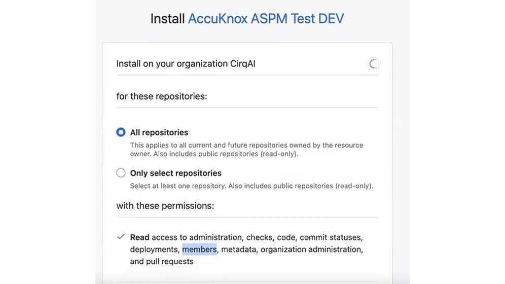 AccuKnox source code app install screen on GitHub, choosing all or selected repositories with read-only permissions