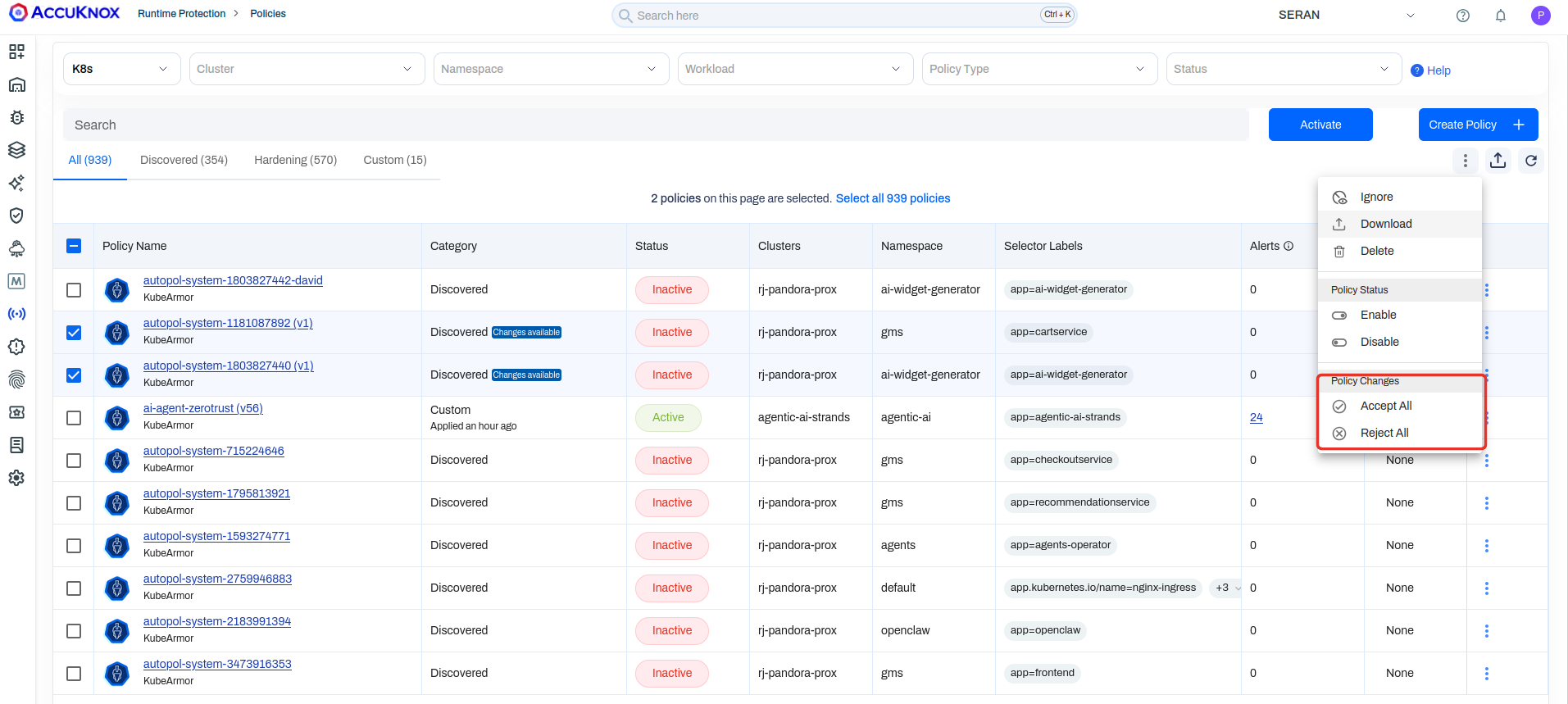 Runtime policies list with the bulk action menu open over the full policy set