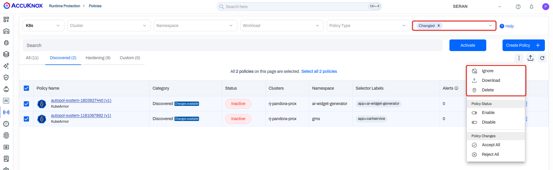 Runtime policies filtered to changed policies, with two selected and a bulk menu showing Download, Enable, Disable, Accept All, and Reject All