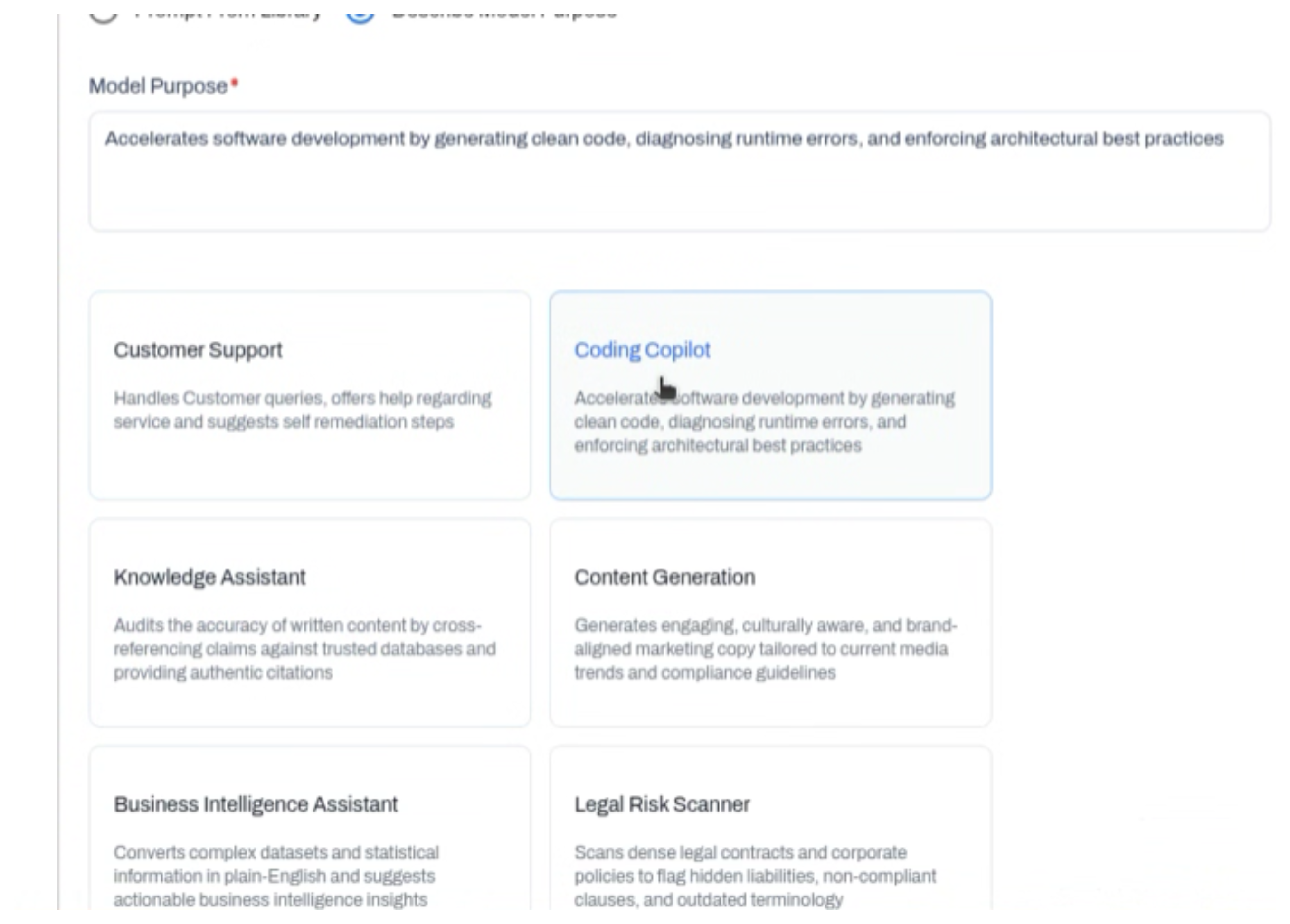 Model Purpose field filled in from a Coding Copilot preset, with Customer Support, Knowledge Assistant, Content Generation, Business Intelligence Assistant, and Legal Risk Scanner cards below