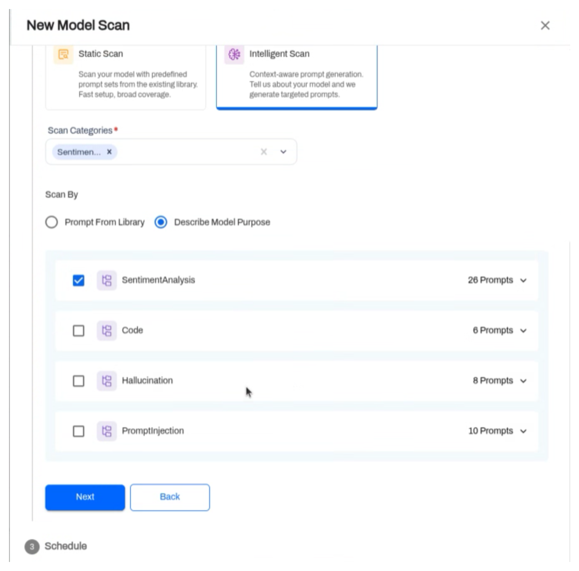 Generated prompt categories with SentimentAnalysis, Code, Hallucination, and PromptInjection listed with prompt counts and checkboxes