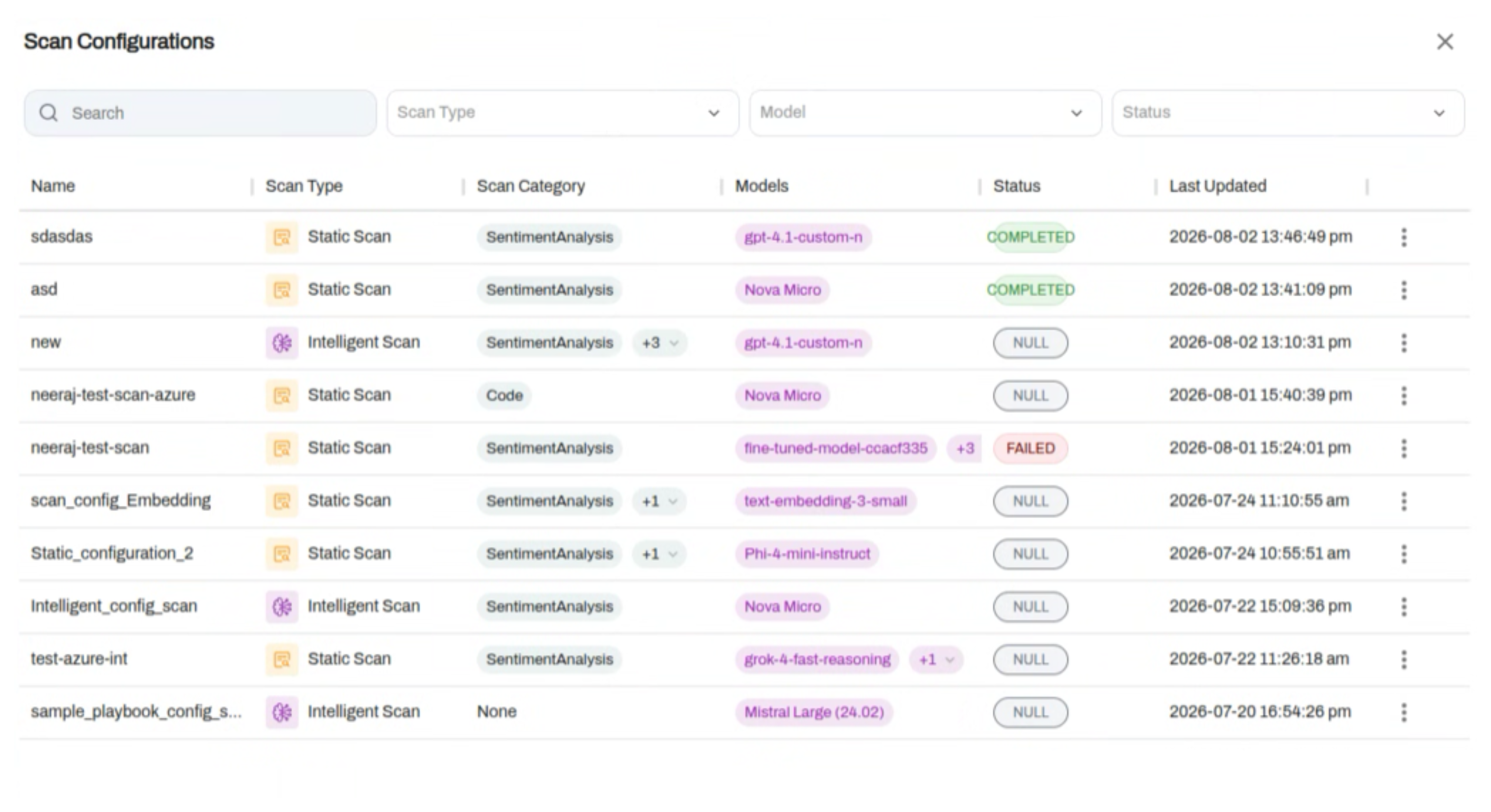 Scan Configurations panel listing configurations with scan type, scan category, models, status, and last updated time