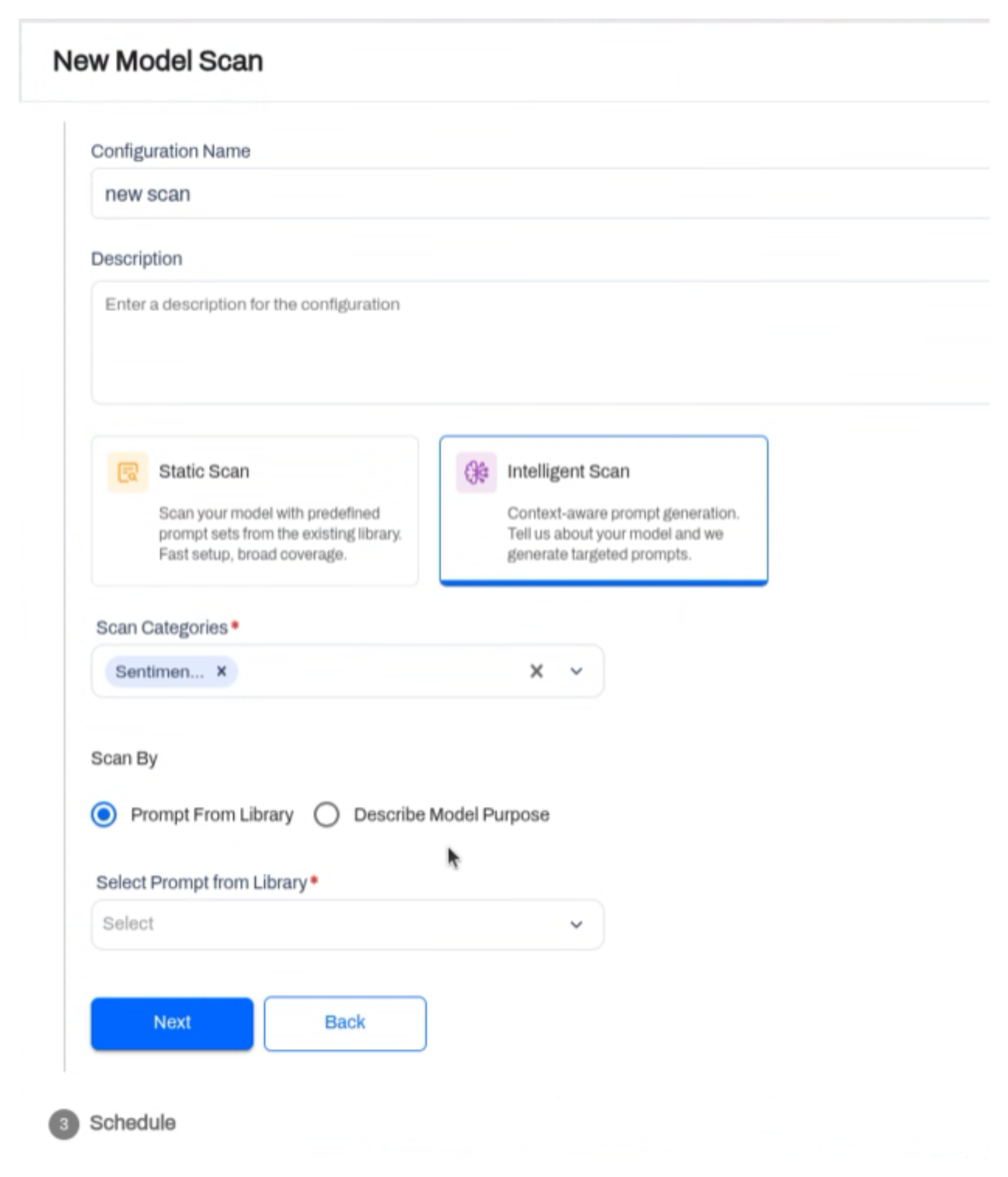 New Model Scan dialog with Static Scan and Intelligent Scan cards, a Scan Categories field, and Scan By set to Prompt From Library