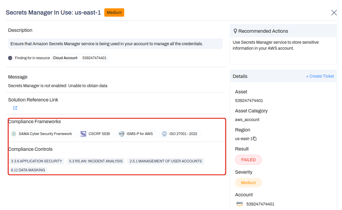 Finding detail for an AWS check, listing SAMA, CSCRF SEBI, ISMS-P, and ISO 27001 alongside the specific controls it maps to