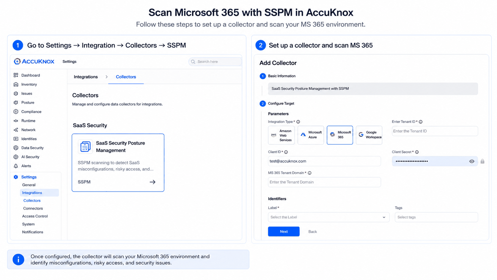 Collectors page with the SaaS Security Posture Management card, next to the Add Collector form with Microsoft 365 selected and the tenant credential fields