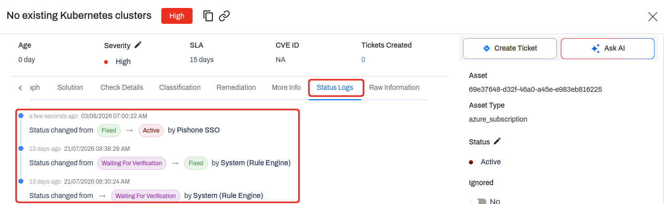 Status Logs tab on a cloud finding, listing three status changes attributed to the Rule Engine and to a named user