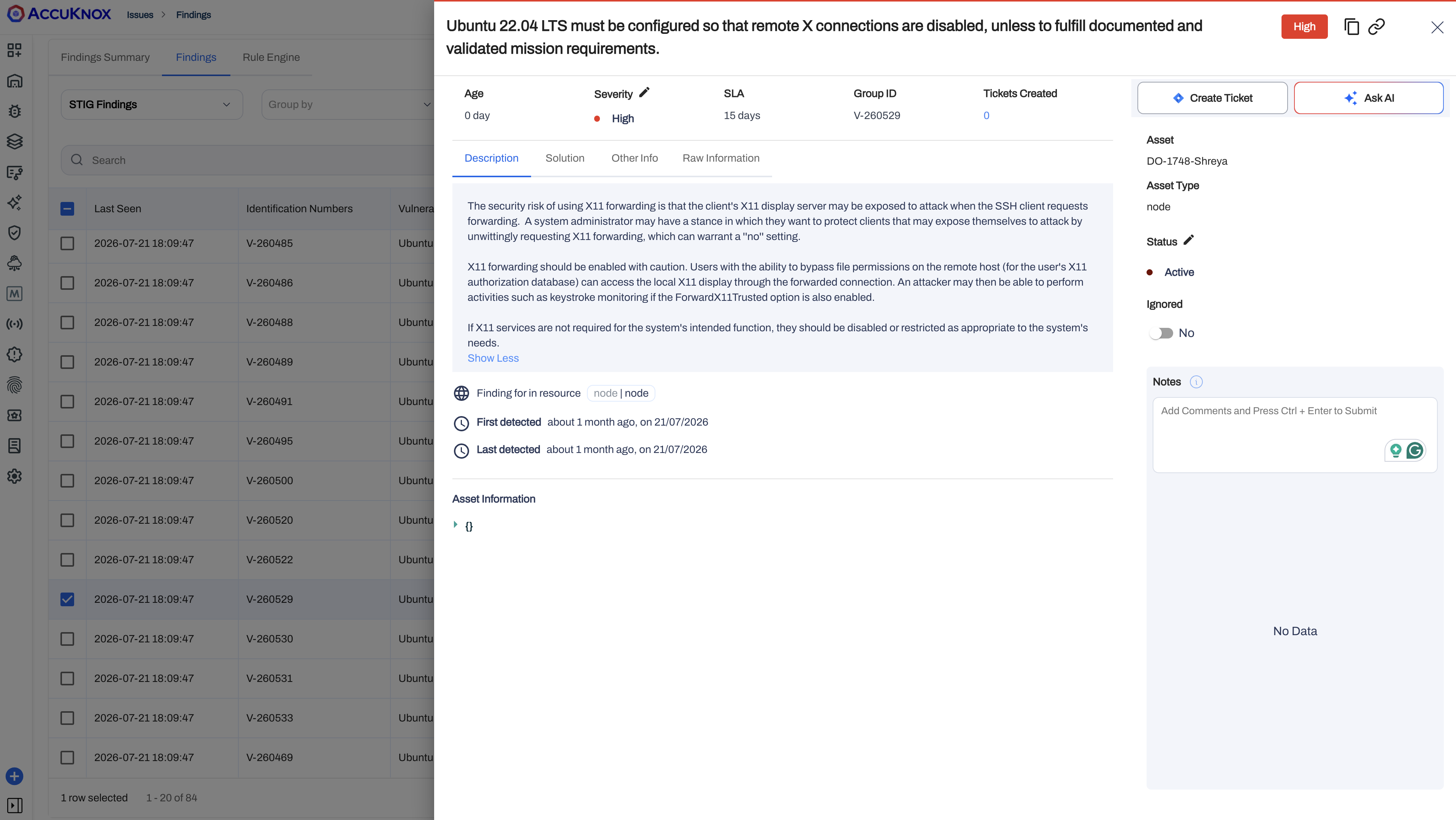 STIG finding detail for a control on disabling remote X connections, showing severity, SLA, description, and the asset it applies to