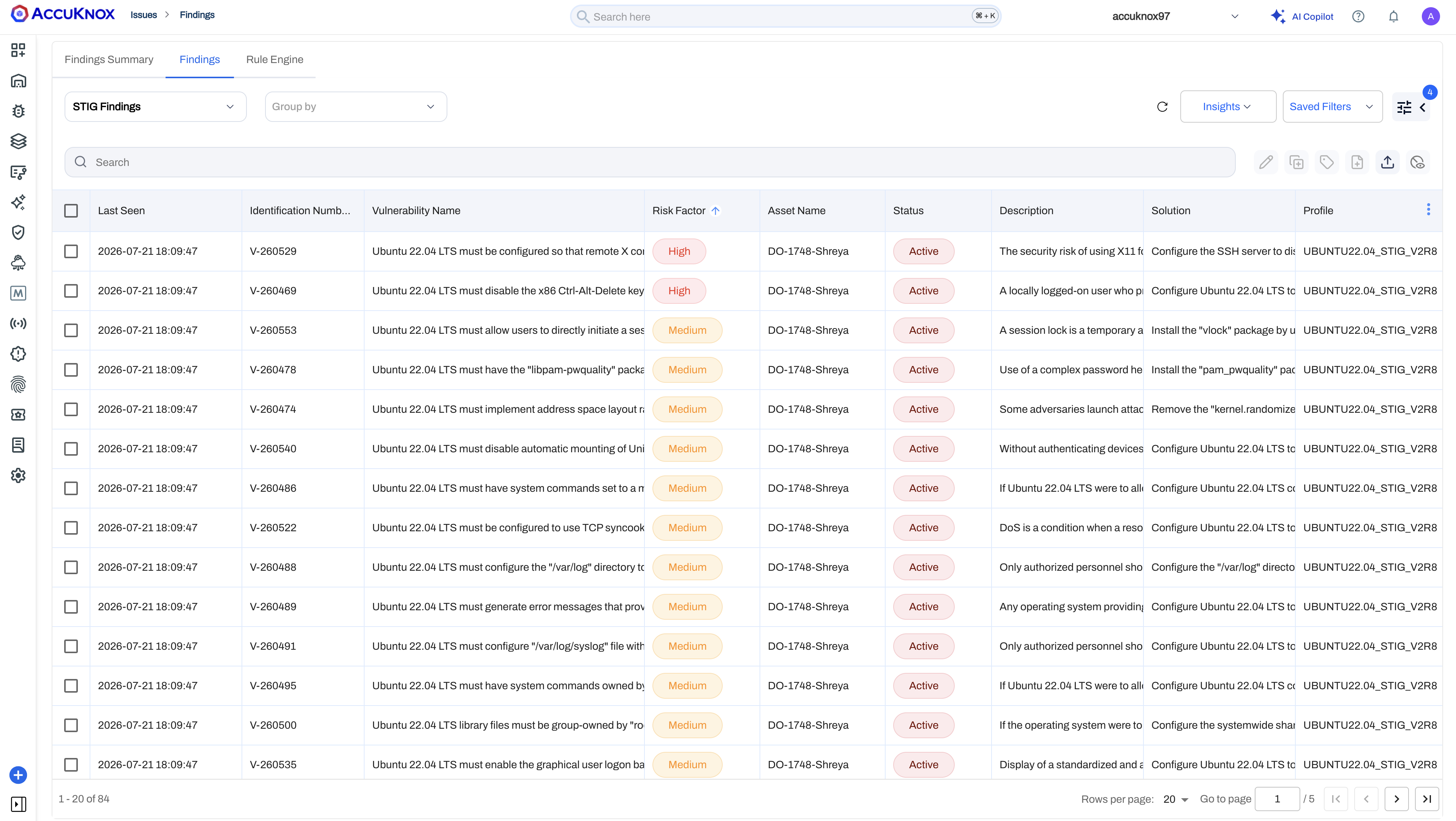 Findings page filtered to STIG Findings, listing Ubuntu 22.04 controls with risk factor, asset name, status, and profile columns