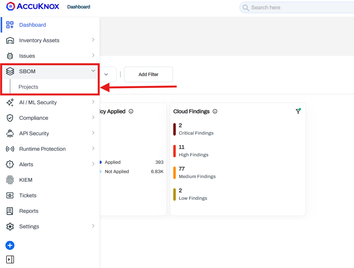 Navigate to SBOM Projects