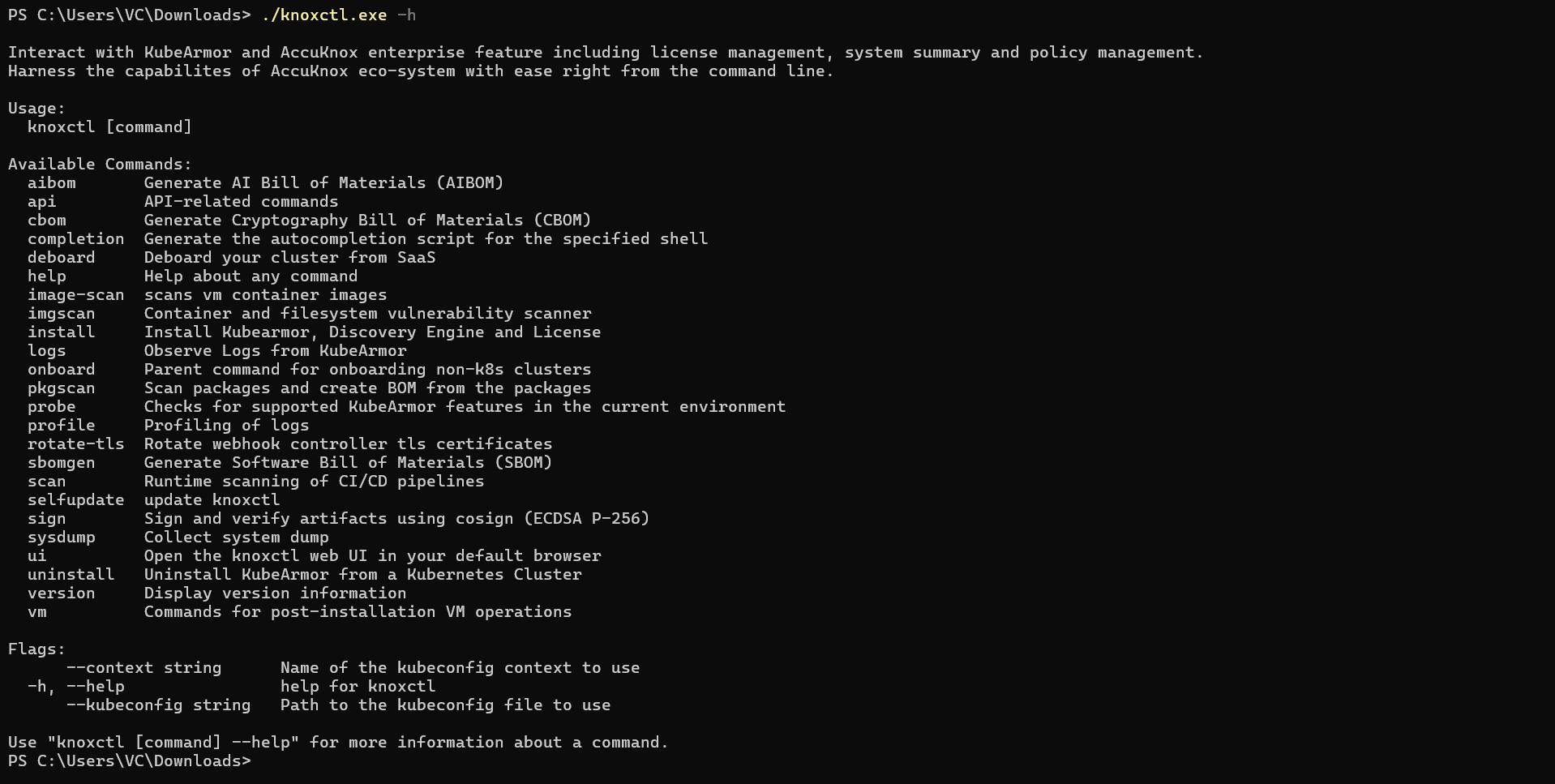 knoxctl help output