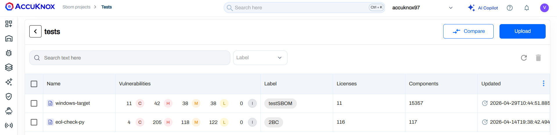SBOM in dashboard