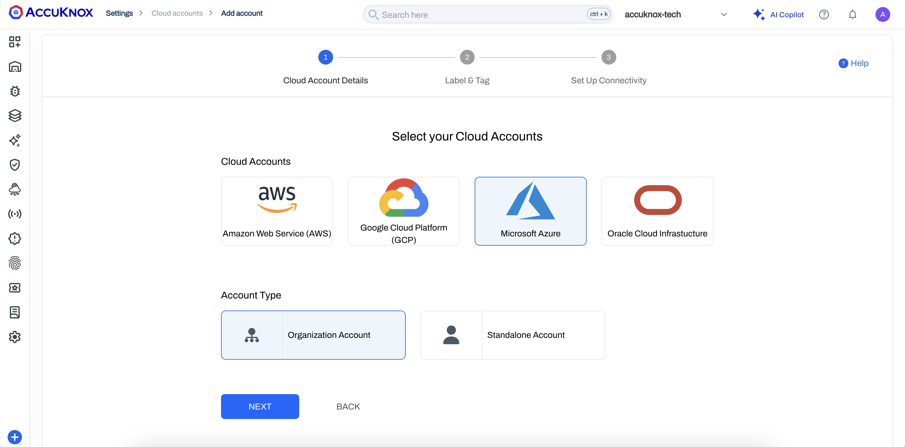 Azure org onboarding - select cloud provider and account type