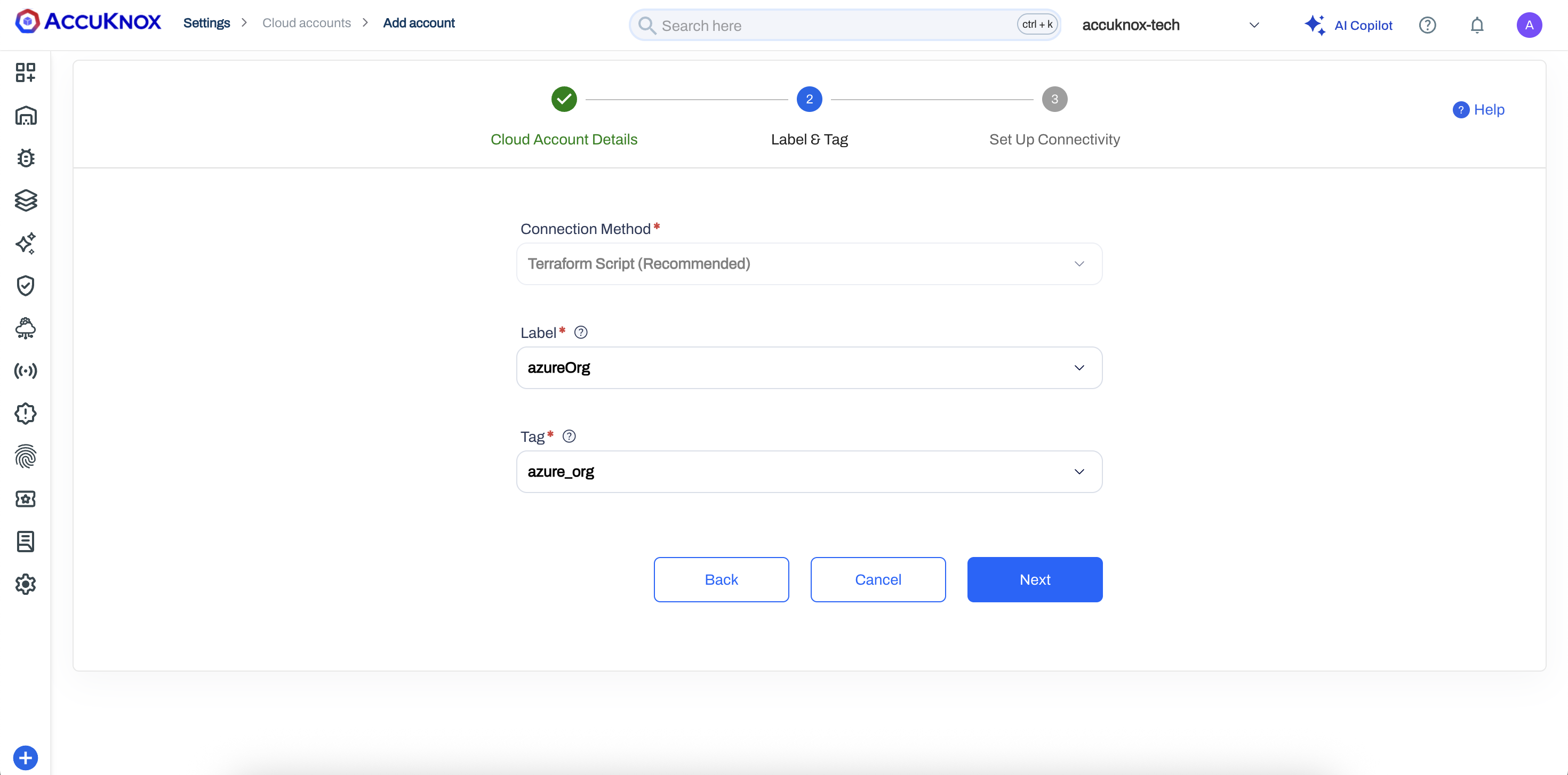 Azure org onboarding - connection method and label configuration
