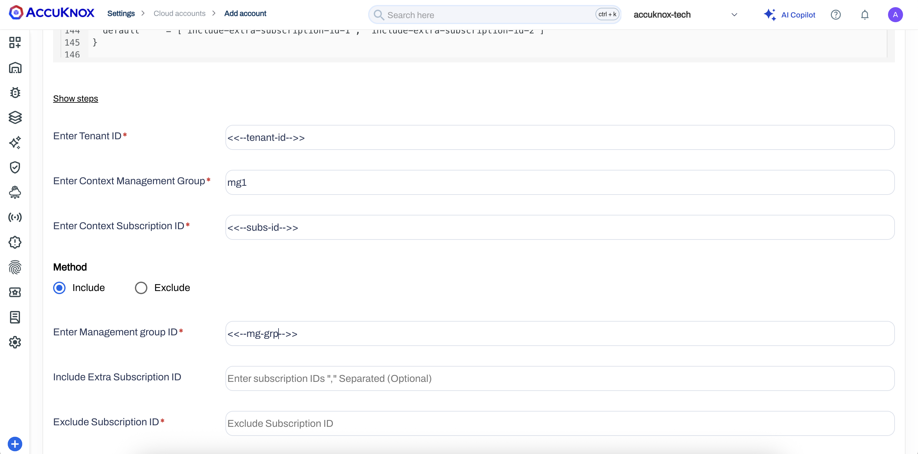 Azure org onboarding - tenant ID and subscription scope configuration