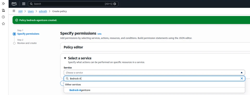 AgentCore IAM inline policy - Bedrock-Agentcore permissions step 1